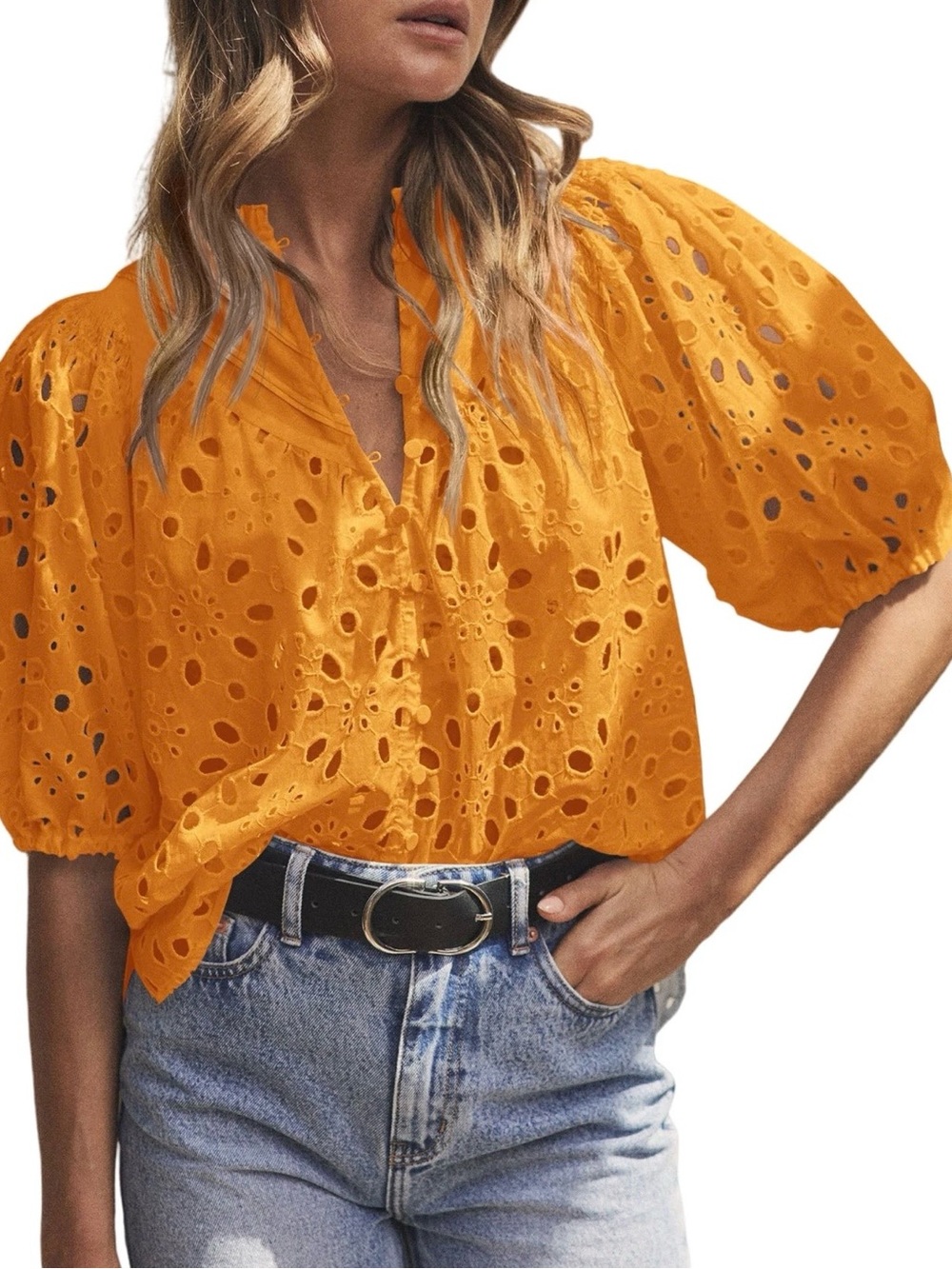 Pretty Garden Yellow Eyelet Lace Cotton Blouse Puff Sleeve Medium